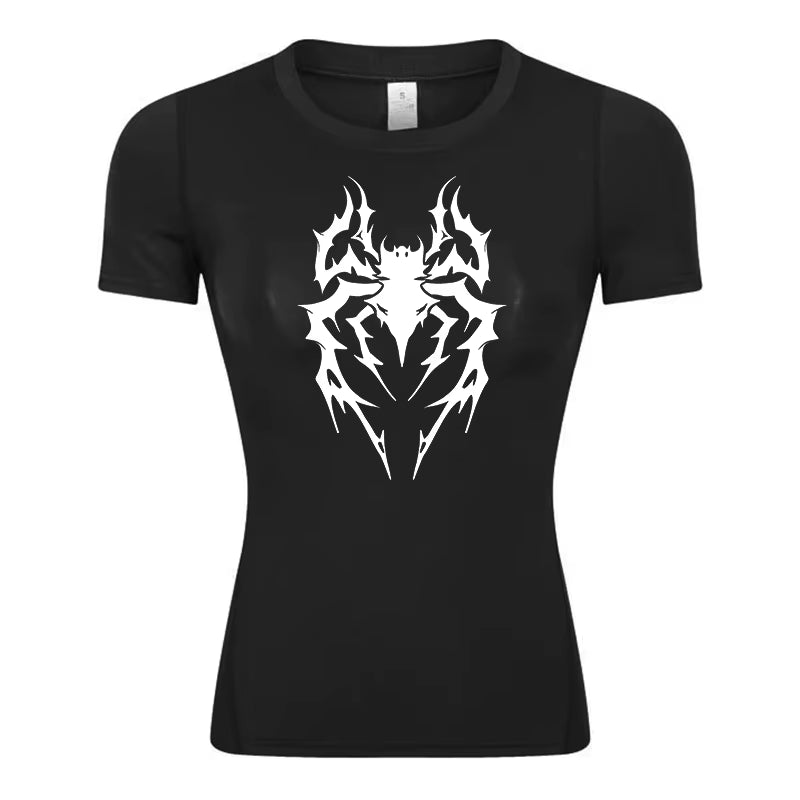 Spider Print Short Sleeve Compression Shirt for Women Athletic Running Workout Yoga T-Shirt Tees Baselayer Tops Gym Sports Gear