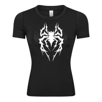 Spider Print Short Sleeve Compression Shirt for Women Athletic Running Workout Yoga T-Shirt Tees Baselayer Tops Gym Sports Gear
