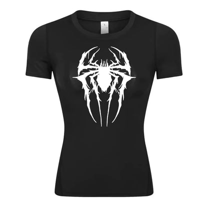 Spider Print Short Sleeve Compression Shirt for Women Athletic Running Workout Yoga T-Shirt Tees Baselayer Tops Gym Sports Gear