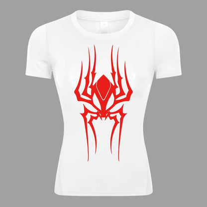 Spider Print Short Sleeve Compression Shirt for Women Athletic Running Workout Yoga T-Shirt Tees Baselayer Tops Gym Sports Gear