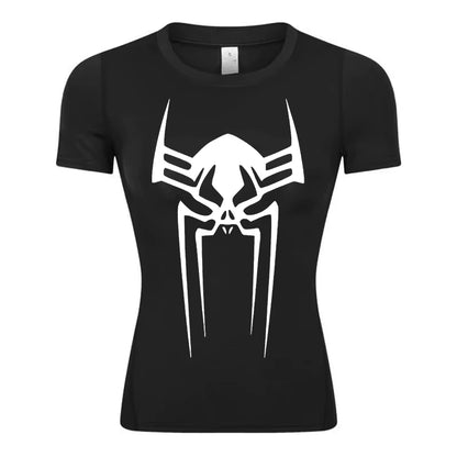 Spider Print Short Sleeve Compression Shirt for Women Athletic Running Workout Yoga T-Shirt Tees Baselayer Tops Gym Sports Gear