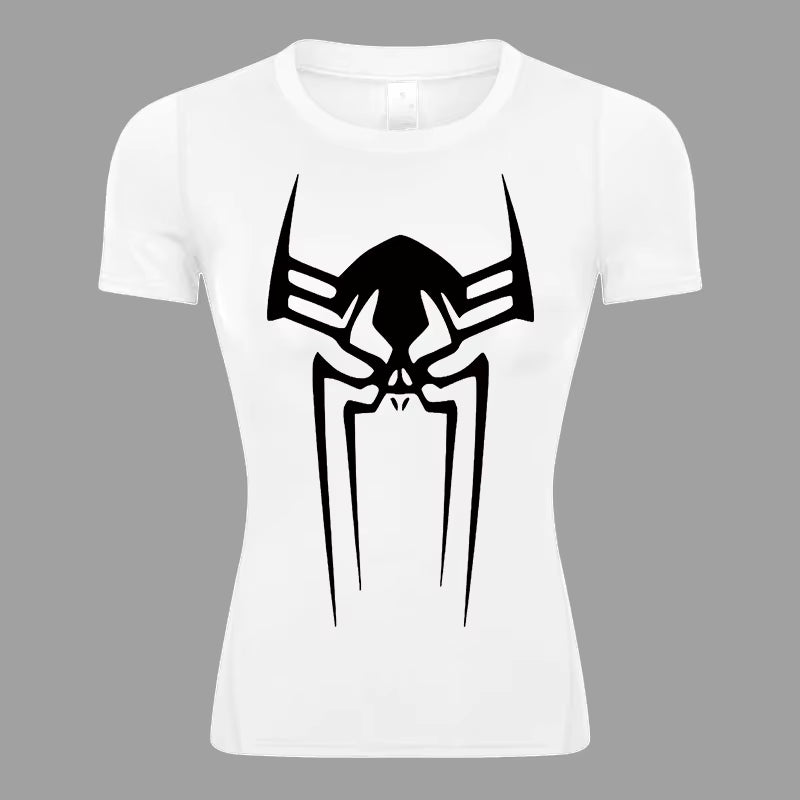 Spider Print Short Sleeve Compression Shirt for Women Athletic Running Workout Yoga T-Shirt Tees Baselayer Tops Gym Sports Gear