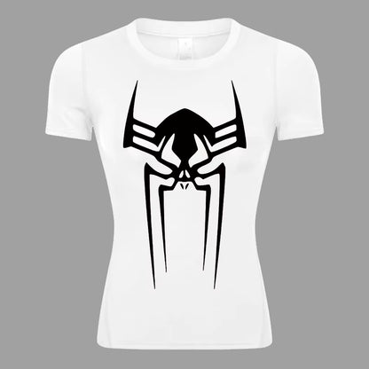 Spider Print Short Sleeve Compression Shirt for Women Athletic Running Workout Yoga T-Shirt Tees Baselayer Tops Gym Sports Gear